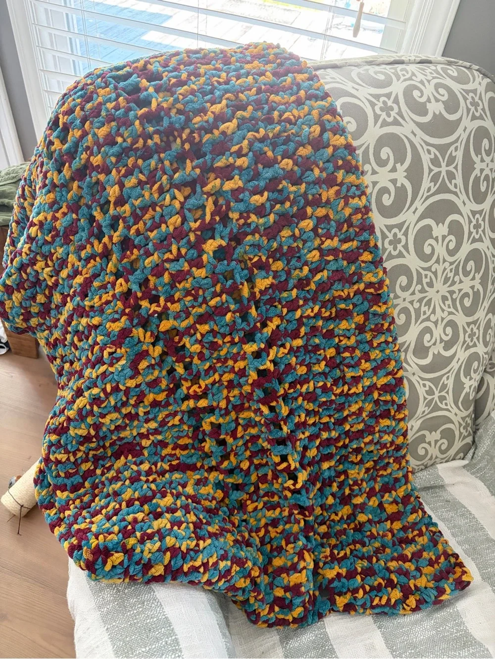 Handmade Chunky Knit Throw Blanket Crochet Plush Chenille Teal Burgundy Gold